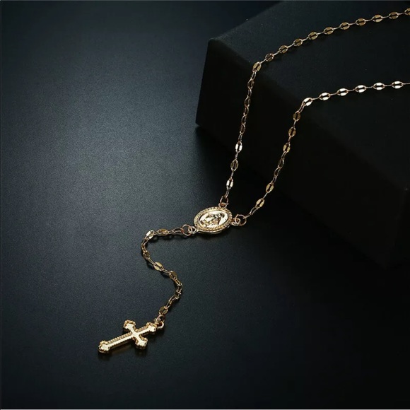 New gold rosary Jesus cross necklace danity - Picture 2 of 3